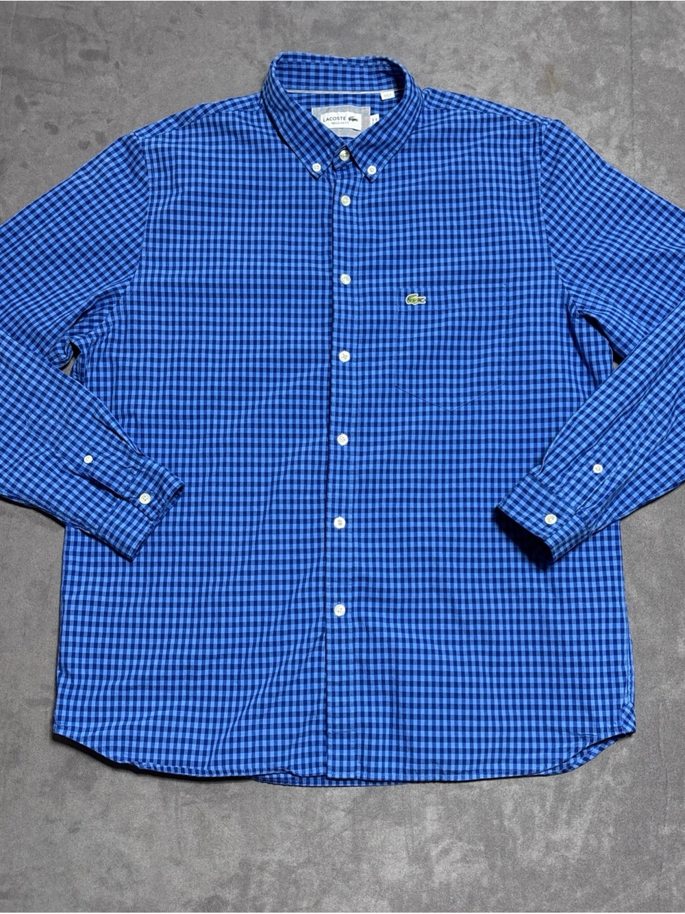 Lacoste Mens Shirt XL Blue Gingham Plaid Long Sleeve Button Down Casual Pocket